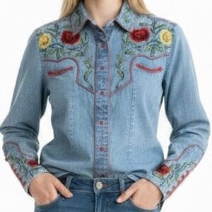 VTG Rockmount Ranch Wear Denim Floral Embroidered Western Shirt Red Snap SZ XS